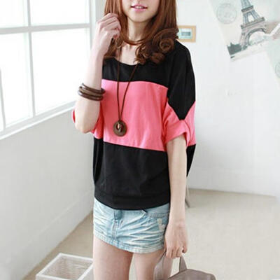 

Fashion Casual Women Summer T-shirts Bat Sleeves Splicing Color Loose Tops