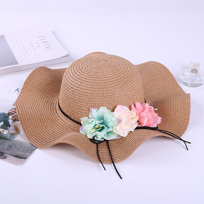 

Korean version ribbon flower straw hat female spring&summer wave-edged sunshade hat beach holiday sun hat