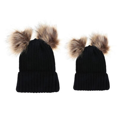 

2pcs Parent-offspring Cap Cute Baby Mom Pompon Winter Warm Knit HatBlack