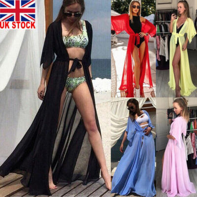 

UK Women Chiffon Kimono Beach Cardigan Bikini Cover Up Wrap Beachwear Long Dress