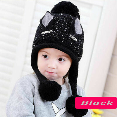 

Kids Children Knitted Beanie Hat Hats Cap Winter Worm Girls Boys Single Fur Pom