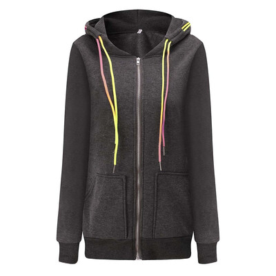 Toponeto Fashion Women Casual Drawstring Splicing Full Sleeve Hooded Zipper Pocket Coat