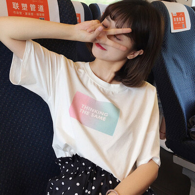

T-shirts Women Vintage Letter Printed Casual White Cotton All Match Basic Short Sleeve Female Loose Tops