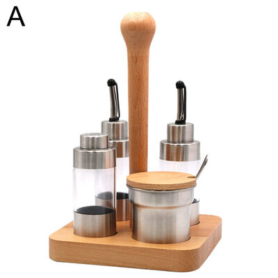 

5Pcs Kitchen Wooden Holder Metal Spice Pepper Jar Box Seasoning Storage Pot Rack