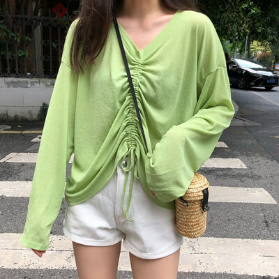 

Simple Women T Shirt Autumn Sexy V Neck Solid Color Drawstring Loose Long Sleeve Tee Casual T-Shirt Tops