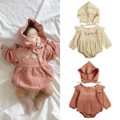 

Newborn Baby Girl Cotton&Linen Clothes Embroidery Romper Bodysuit Hat Outfit USA