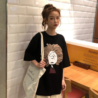 

Womens Round Neck Cartoon Character Print Short Sleeve Loose T-Shirt