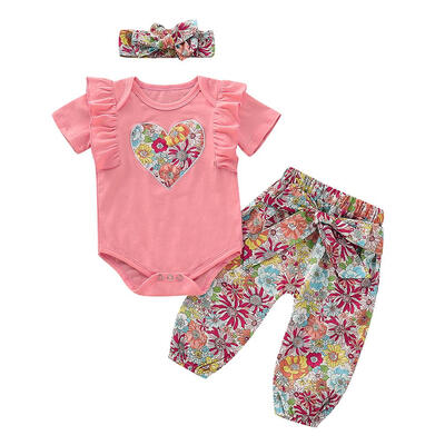 

3pcsset Cute Flower Print Kids Girls Short Sleeve Romper Pants Headband