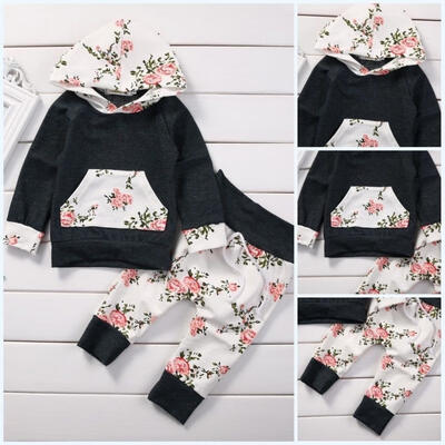 

Cotton Newborn Infant Baby Girls Boys Floral Hooded Tops Long Pants Outfits 2PCS Set Clothes 0-24M