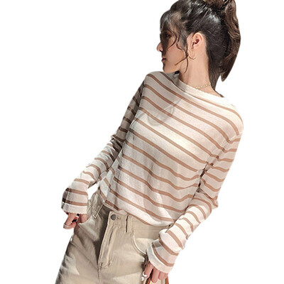 

Womens Pullover Casual Round Neck Striped Long Sleeve Loose Knitted Top T-Shirt