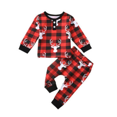 

US Toddler Baby Boy Girl Christmas Plaid Shirt Pants Outfit Clothes Set New