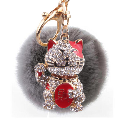 

New lucky cat hair ball key chain inlaid color diamond three-dimensional bag pendant car decoration