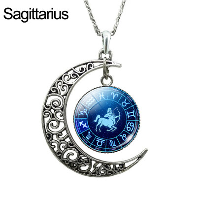

Unisex Augury Jewelry 12 Constellations Hollow Crescent Moon Faux Gem Necklace