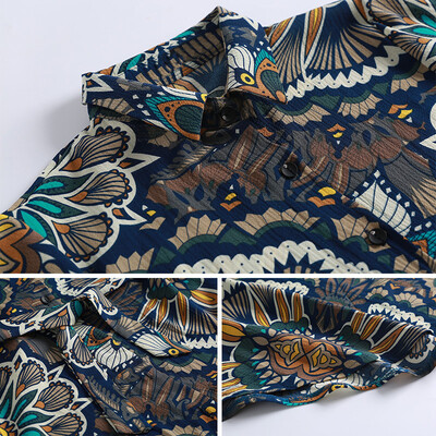 

New Fashion Women Long Floral Print Shirt Blouse Turn-down Collar Long Sleeve Asymmetric Hem Shirt Dress Dark Blue