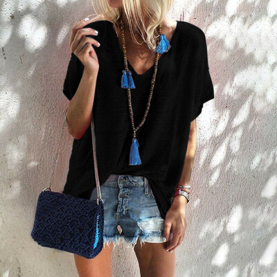 

Women Summer Plain Scoop Neck Short Sleeve Top T-shirt Linen Blouse Plus Size
