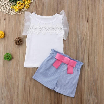 

Toddler Kids Baby Girls Outfits Clothes Lace T-shirt TopsPants Shorts 2PCS Set