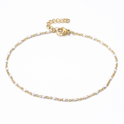 

304 Stainless Steel Cable Chain Anklets with Enamel Links Golden White 9"230mm 15mm