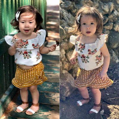 

2PCS Kids Baby Girl Clothes Flower Sleeveless Tops Polka Dot Skirt Dress Outfits