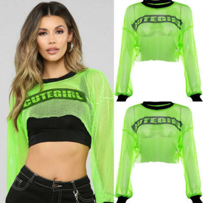 

New Women Casual Mesh Sheer Crop Tops T-shirt Loose Cover Up Blouse Long Sleeve