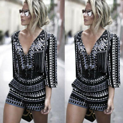 

Women Lace Long Sleeve Jumpsuits Evening Party Cocktail Playsuit Short Pants