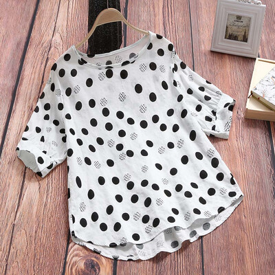 

Starmoon Women Cotton And Linen Loose O-Neck Short Sleeve Polka Dot T-Shirt Blouse Tops