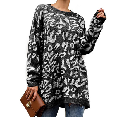

Winter Women Knitwear Loose Mid Long Casual Euramerican Leopard Print Pullover Knitwear