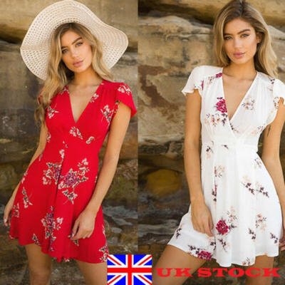 

UK Womens Boho Floral Print Holiday Short Mini Dress Ladies Beach Wrap Sundress