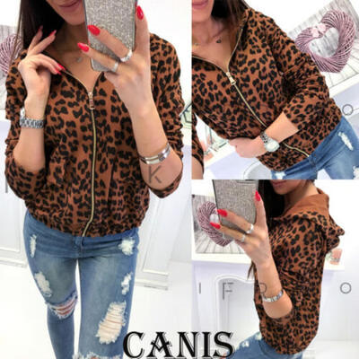 

UK Women Long Sleeve Leopard Print Top Autumn Blouse Hoodies Coat Jacket Outwear