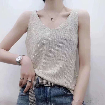 

Sleeveless Tank Tops Sexy Women V-Neck Knitted Camisole Club Spaghetti Metal Strap Camis Thin Shiny Glitter