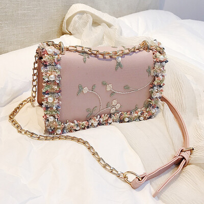 

2018 New Handbag Lace Flowers Women Bag High Quality PU Leather Sweet Girl Square Bag Flower Pearl Chain Shoulder Messenger Bag