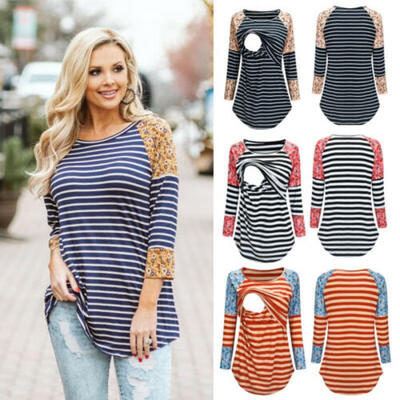 

Pregnant Maternity Striped Nursing Blouse Mom Breastfeeding T Shirt Floral Tops