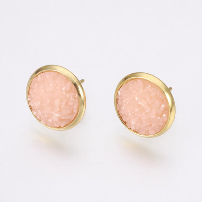 

Resin Stud Earrings with Golden Tone 304 Stainless Steel Findings Flat Round Druzy Resin PeachPuff 14515mm Pin 07mm