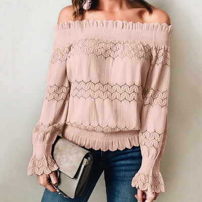 

Women Lace Off Shoulder T-shirts Loose Casual Solid Color Hollow Out Blouse Long Sleeves Lace Patchwork Tops Ladies Shirts
