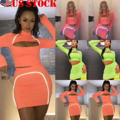 

Fashion Women Casual Hollow Crop Top Mini Skirt Two Piece Outfit Long Sleeve Set