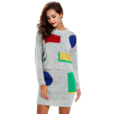 

Women Knitted Sweater Skirt Set Color Block Dropped Shoulder Cropped Top Bodycon Mini Skirt Suits 2 Piece Set