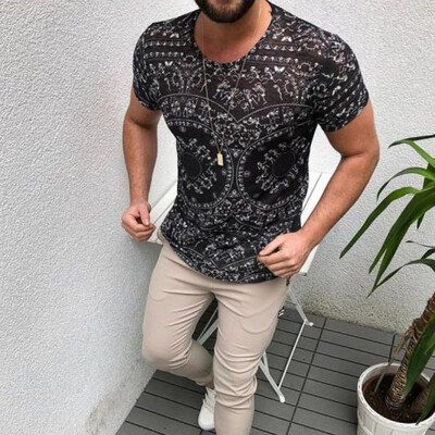 

Mens Casual Vintage T-shirt Tops Printed Round Neck Short Sleeve Slim Sports Tee