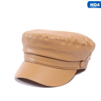 

Fashion PU Leather Military Hat Autumn Winter Sailor Hat For Women flat top Female travel cadet hat Captain Cap