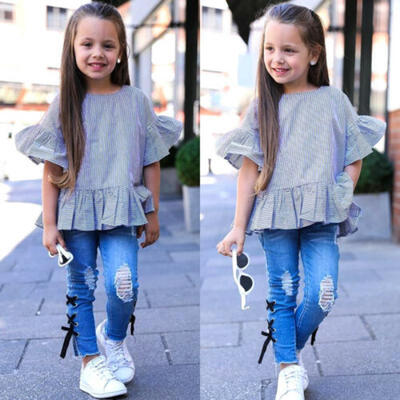 

Toddler Kids Baby Girl Stripe Tops Shirt Ripped Denim Pants Jeans Outfit Clothes