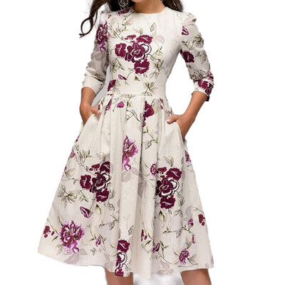 

Vintage Midi Dress Ladies Casual Slim Knee Length Swing Party Dresses