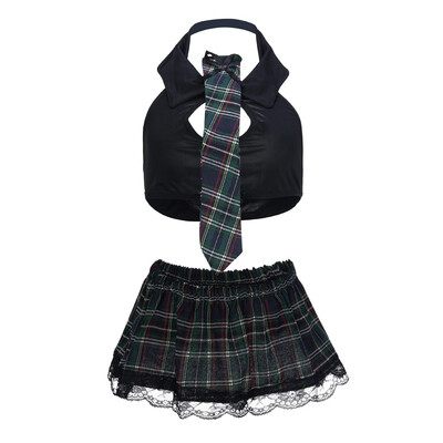 

Toponeto Fashion Sexy Women Lingerie Uniform Vest Lattice Miniskirt Tie Set Clubwear
