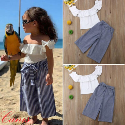 

Toddler Kid Baby Girls Clothes Outfits Off Shoulder Ruffle Tops Stripe Pants