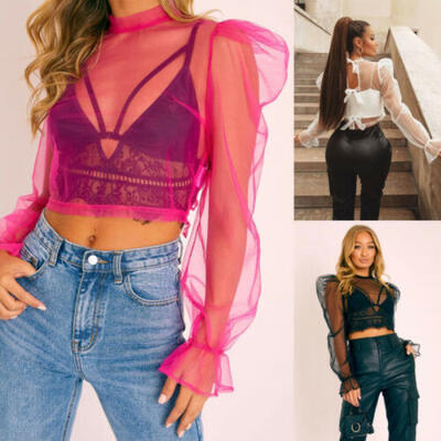 

US Women Sexy Sheer Summer See Through Top Mesh Long Sleeve T-shirt Blouse Shirt