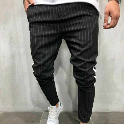 

Mens Slim Fit Striped Sport Trousers Casual Pencil Jogger Cargo Pants New