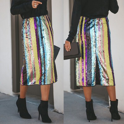 

Roseonmyhand Fashion Women Sexy Striped Patchwork Sequined Split Hem Party High Waist Skirt
