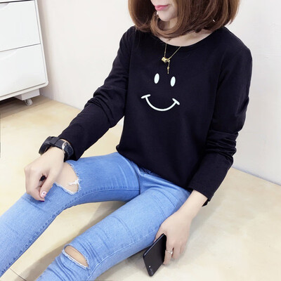 

Summer Plus Size Shirts Women Round Neck Cartoon Smiley Long Sleeved T-shirt Breathable T-shirt