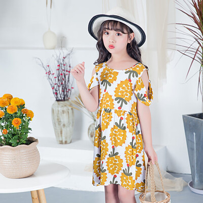 

Children Kids Girls Short Sleeve Sunflower Floral Princess Off Shoulder Dress