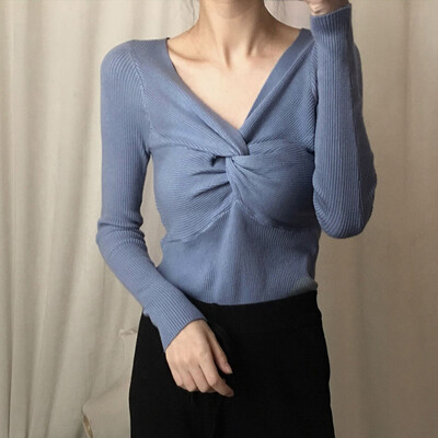 

Womens Sexy V-Neck Long Sleeve Knitted Tops Cross Tie Sweater Jumper Blouse New