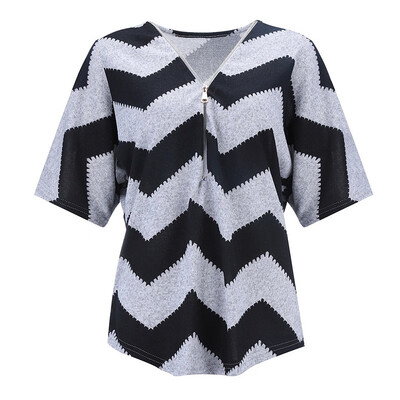 

Summer Womens T-Shirt V Neck Geometric Print Zipper Short Batwing Sleeve Striped Printed T-shirt Femme Plus Size Tops