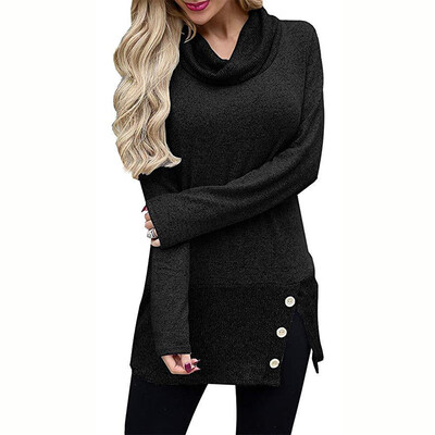 

Long T - Shirt Women with High Collar&Long Sleeve Buttons in Autumn