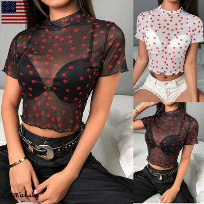 

Women Mesh Sheer See-through Short Sleeve Crop Tops Tee Stretch Bodysuit Shirts